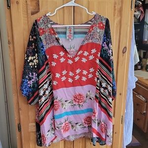 Johnny Was Floral V-Neck Patchwork Flowey Blouse Top